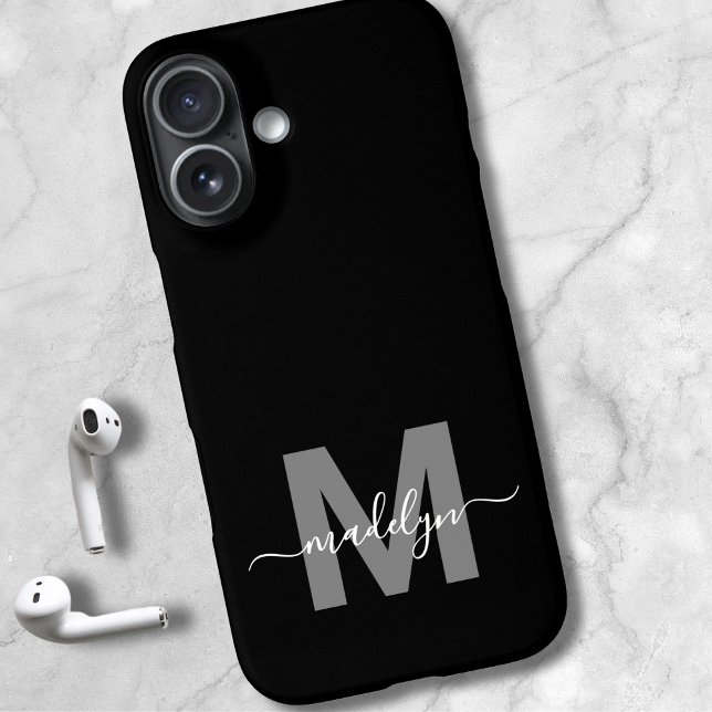 Minimalistisches Schwarz-weißes Monogramm Case-Mate iPhone Hülle (Minimalist Black White Modern Name Monogram iPhone 16 Case)