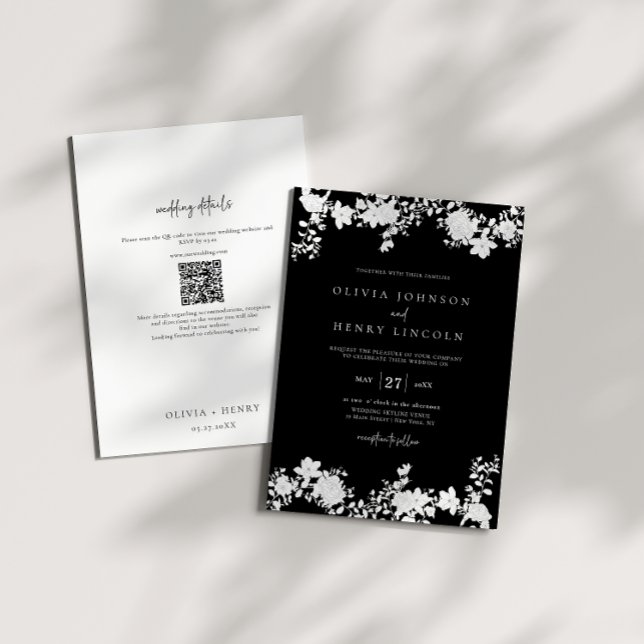 Minimalistisches Schwarz | White QR Code Floral We Einladung (Von Creator hochgeladen)