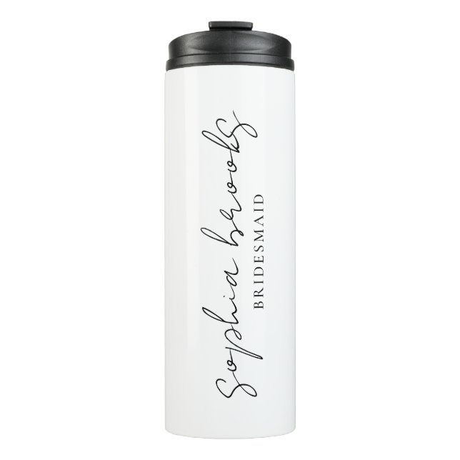 Minimalistisches schwarzes Brautjungfern-Hochzeits Thermosbecher (Vorderseite)