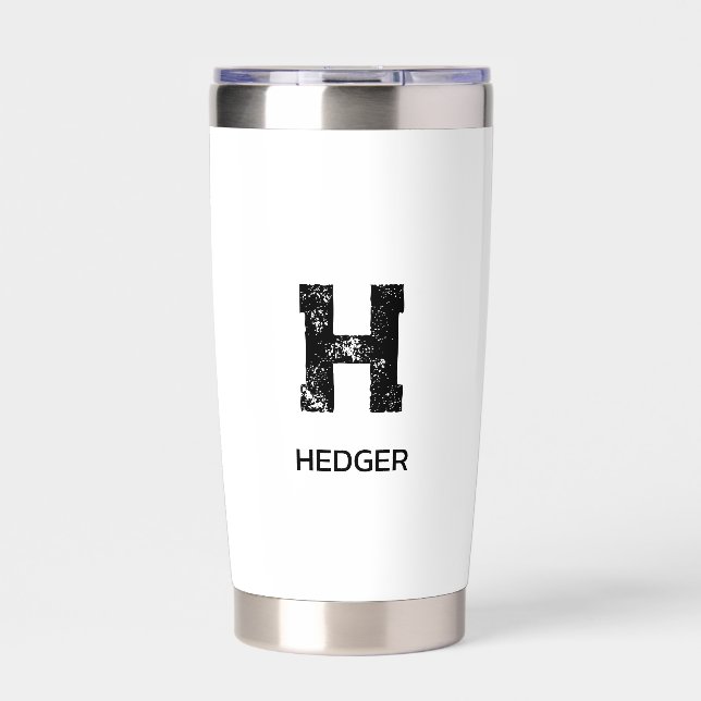 MINIMALISTISCHES SCHWARZES EIN-BUCHSTABEN-MONOGRAM THERMOBECHER (Vorderseite)