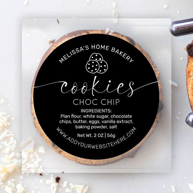 Minimalistisches schwarzes, elegantes Skript Zucke Runder Aufkleber (Modern cookie labels in black and white, elegant handwritten font and space for your bakery details)