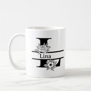 Minimalistisches schwarzes florales Anfangsbuchsta Kaffeetasse