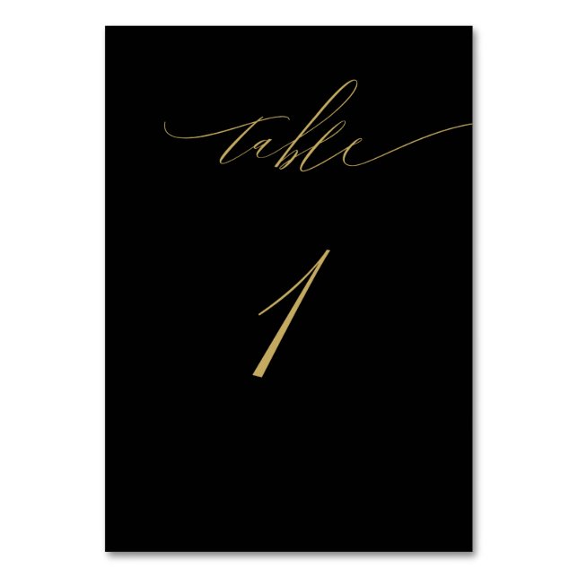 Minimalistisches Schwarzes Gold Elegantes Script N Tischnummer (Vorderseite)