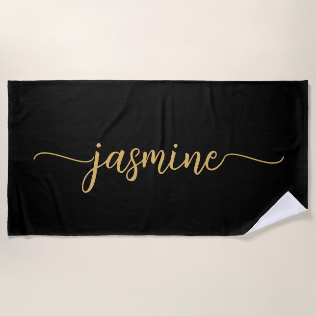Minimalistisches Schwarzes Gold Monogramm Name Rie Strandtuch (Vorderseite)
