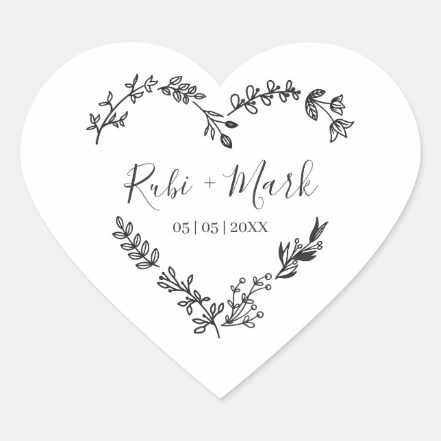 Minimalistisches Schwarzes Herz mit Wildblumen und Herz-Aufkleber (Vorderseite)