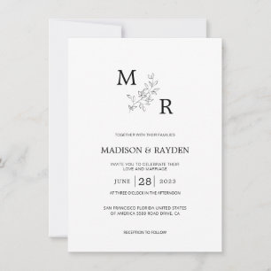 Minimalistisches Schwarzes Monogramm mit Blätter H Einladung
