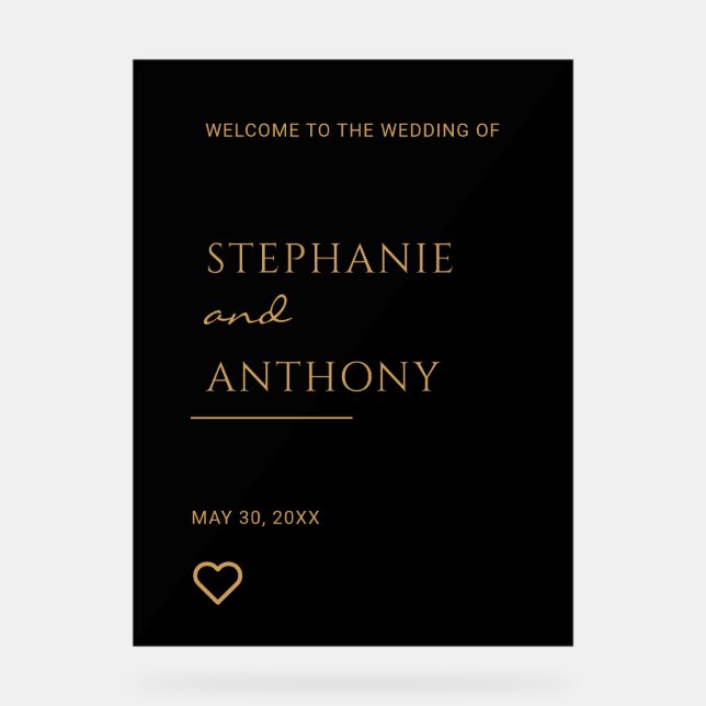 Minimalistisches Schwarzes und Goldenes Herz Moder Acrylschild (Vorderseite)