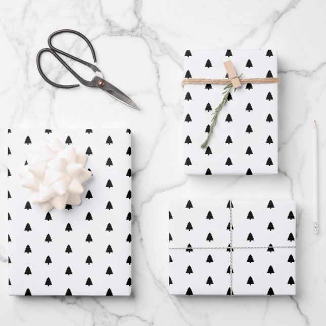 Minimalistisches Schwarzes Weihnachtsbaummuster Geschenkpapier Set (Vorderseite)