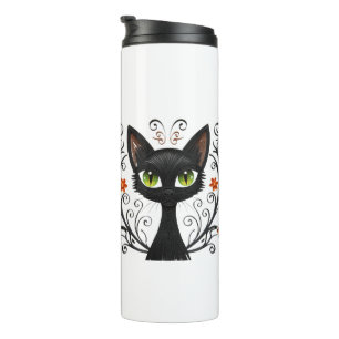 Minimalistisches Schwarzkatze-Grün-Augen-Filigran- Thermosbecher