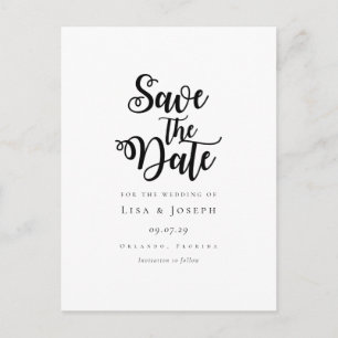 Minimalistisches Schwarzweiß-Skript Save the Date Ankündigungspostkarte