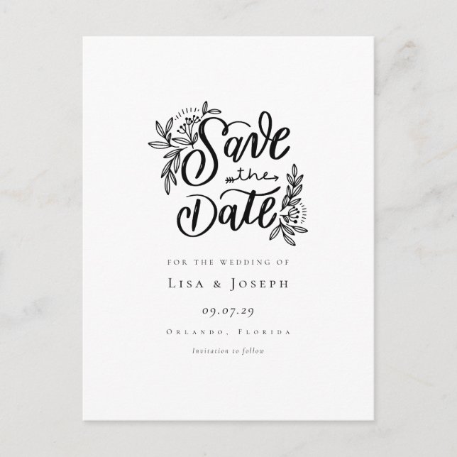Minimalistisches Schwarzweiß-Skript Save the Date Postkarte (Vorderseite)
