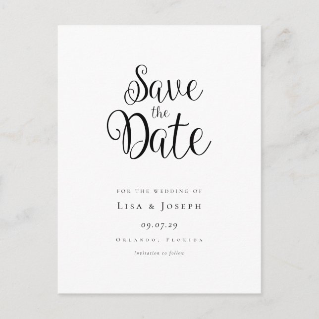 Minimalistisches Schwarzweiß-Skript Save the Date Postkarte (Vorderseite)
