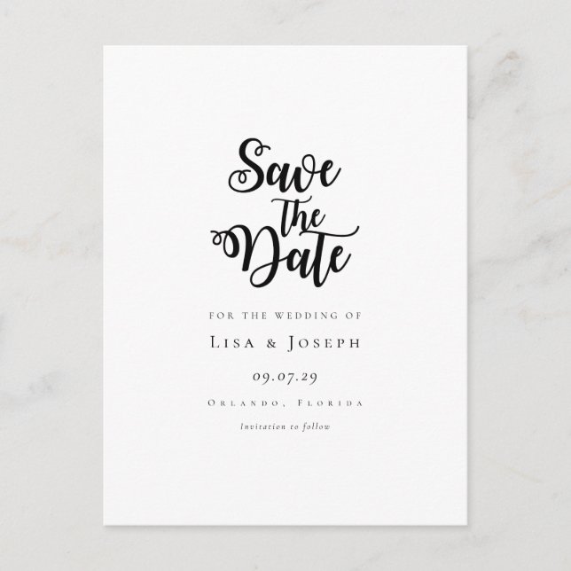 Minimalistisches Schwarzweiß-Skript Save the Date Postkarte (Vorderseite)