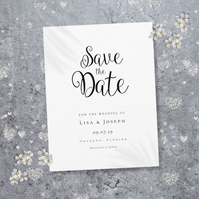 Minimalistisches Schwarzweiß-Skript Save the Date Postkarte (Minimalist Script Black and White Save the Date Postcard)