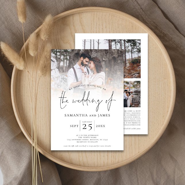 Minimalistisches Script 4 Foto QR Code Hochzeit Einladung (Front and back view)