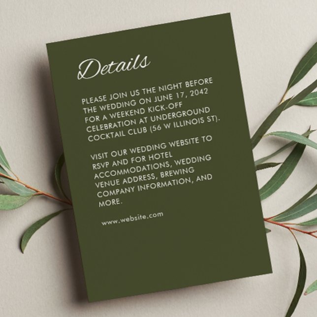 Minimalistisches Script Army Green Wedding Begleitkarte (Von Creator hochgeladen)