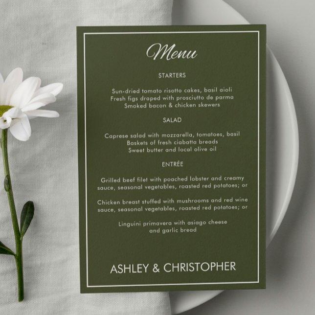 Minimalistisches Script Army Green Wedding Empfang Menükarte (Von Creator hochgeladen)