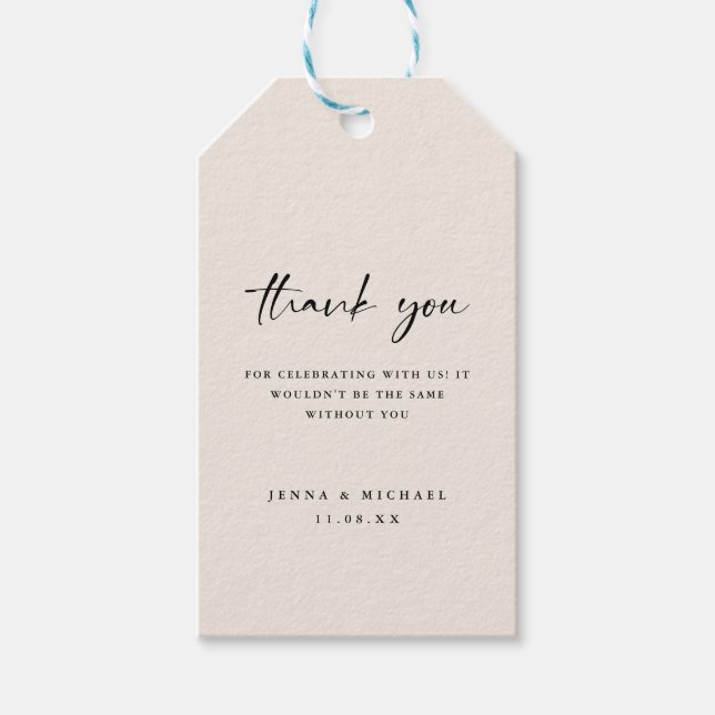 Minimalistisches Script Beige 'Danke' Hochzeit Geschenkanhänger (Vorderseite)