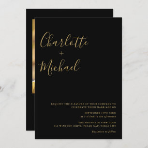 Minimalistisches Script Black and Gold Foto Hochze Einladung