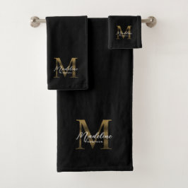 Minimalistisches Script Black Metallic Gold Monogr Badhandtuch Set