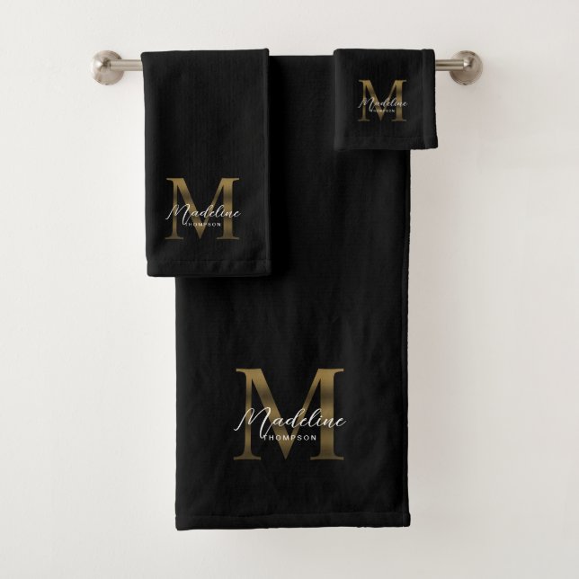 Minimalistisches Script Black Metallic Gold Monogr Badhandtuch Set (Insitu)