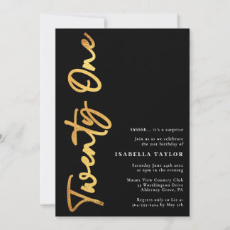 Minimalistisches Script Black und Gold 21. Geburts Einladung