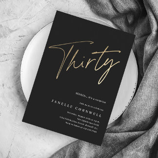 Minimalistisches Script Black und Gold 30. Geburts Einladung