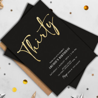 Minimalistisches Script Black und Gold 30. Geburts Einladung