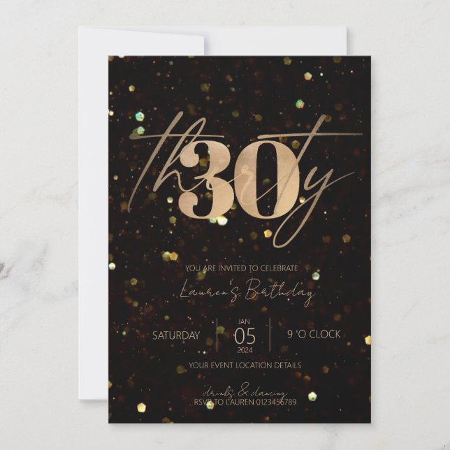 Minimalistisches Script Black und Gold 30. Geburts Einladung (Vorderseite)