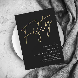 Minimalistisches Script Black und Gold 50. Geburts Einladung