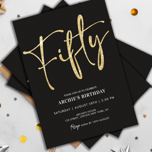Minimalistisches Script Black und Gold 50. Geburts Einladung (50th birthday elegant black and gold invitation)