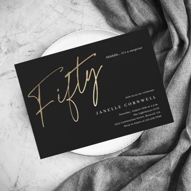 Minimalistisches Script Black und Gold 50. Geburts Einladung (Von Creator hochgeladen)