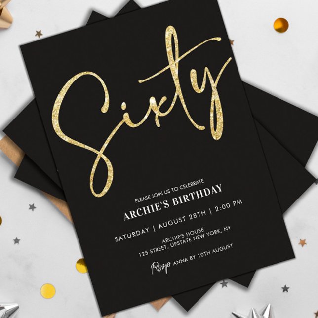 Minimalistisches Script Black und Gold 60. Geburts Einladung (60th birthday party invitations modern black and gold glitter template)