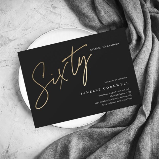 Minimalistisches Script Black und Gold 60. Geburts Einladung (Von Creator hochgeladen)