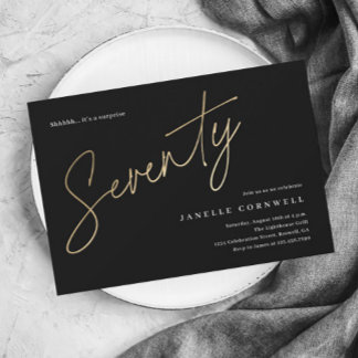 Minimalistisches Script Black und Gold 70. Geburts Einladung