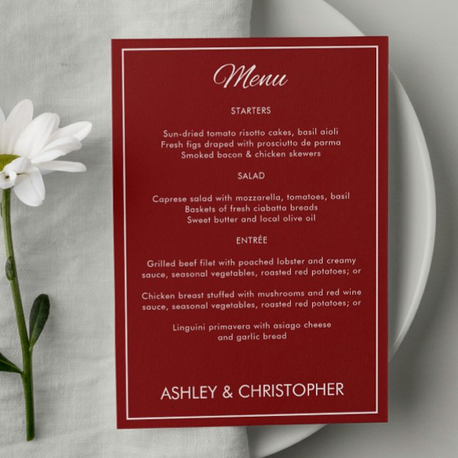 Minimalistisches Script Crimson Red Wedding Empfan Menükarte (Von Creator hochgeladen)