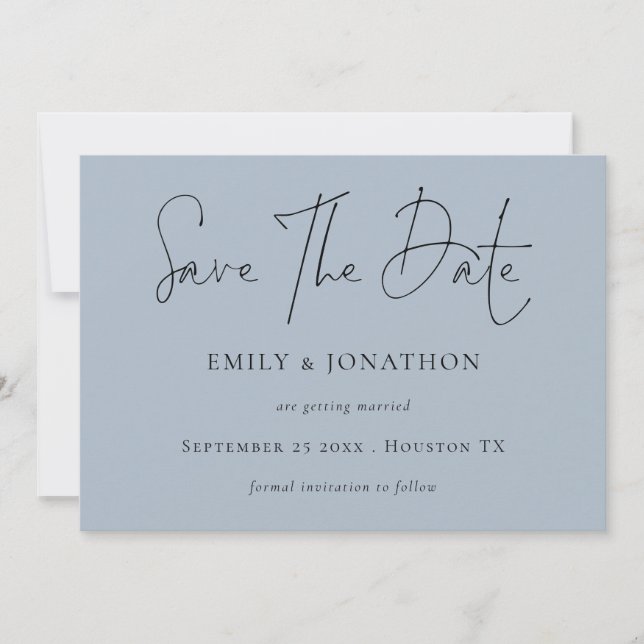 Minimalistisches Script Dusty Blue Save the Date (Vorderseite)