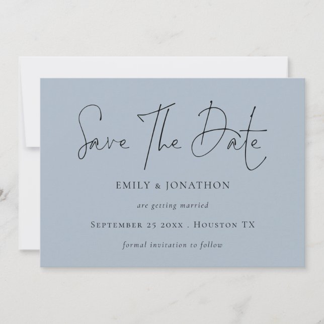 Minimalistisches Script Dusty Blue Wedding Save The Date (Vorderseite)