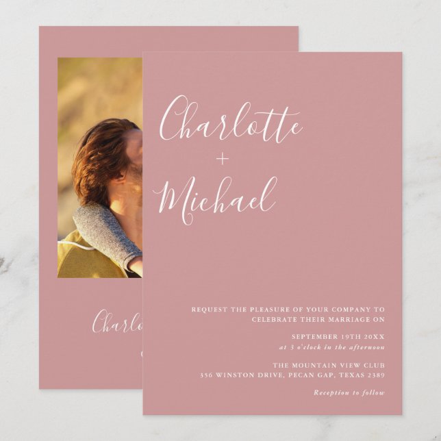 Minimalistisches Script Dusty Rose Foto Hochzeit Einladung (Vorne/Hinten)