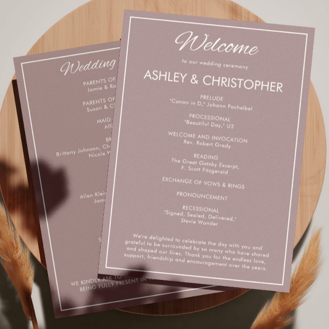 Minimalistisches Script Dusty Rose Wedding Programm (Von Creator hochgeladen)