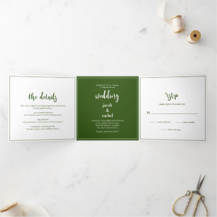 Minimalistisches Script Forest Dark Green Wedding Dreifach Gefaltete Einladung