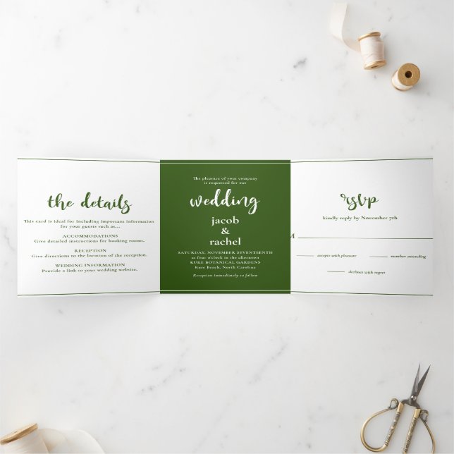 Minimalistisches Script Forest Dark Green Wedding Dreifach Gefaltete Einladung (Innenseite)