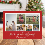 Minimalistisches Script Frohe Weihnachts-FotoColla Feiertagskarte<br><div class="desc">Frohe Weihnachten! Senden Sie Ihre herzlichen Wünsche an Freunde und Familie in dieser Urlaubssaison mit einer individuellen Weihnachtskarte für das Foto. Es zeigt minimalistische Schrift Typografie mit einem roten Hintergrund. Personalisieren Sie Ihre persönlichen Fotos, Namen, Jahr und andere Details. Diese minimale Weihnachtskarte ist auch in anderen Farben und mit einem...</div>