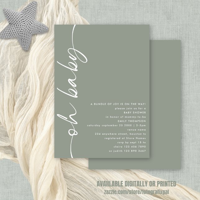 Minimalistisches Script Girl oder Boy Sage Oh Baby Einladung (available digitally or printed)