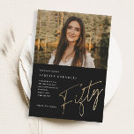 Minimalistisches Script Gold 50. Foto Geburtstag Einladung<br><div class="desc">Moderne minimalistische 50. Geburtstagsfeier Einladung mit stilvollen Imitate Gold-Folie Nummer handgeschriebene Drehbuch Fifty und Ihre Party-Details in klassischen Serif-Schriftart auf schwarzem Hintergrund,  einfach und elegant,  große Überraschung Erwachsenengeburteinladung für Männer und Frauen.</div>