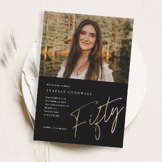 Minimalistisches Script Gold 50. Foto Geburtstag Einladung