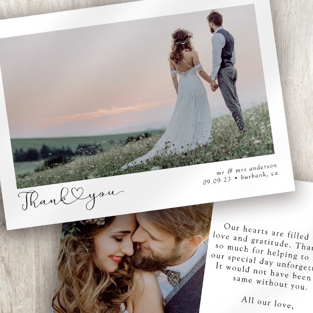 Minimalistisches Script Heart Wedding Foto Dankeskarte (Von Creator hochgeladen)