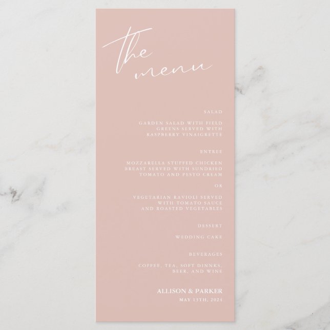 Minimalistisches Script-Hochzeitsmenü Menükarte (Vorderseite)