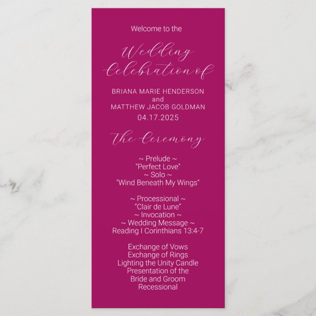Minimalistisches Script Magenta Wedding Program Programm (Vorderseite)