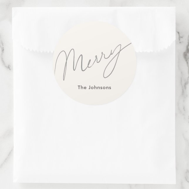Minimalistisches Script Merry Cream White Holiday Runder Aufkleber (Tasche)